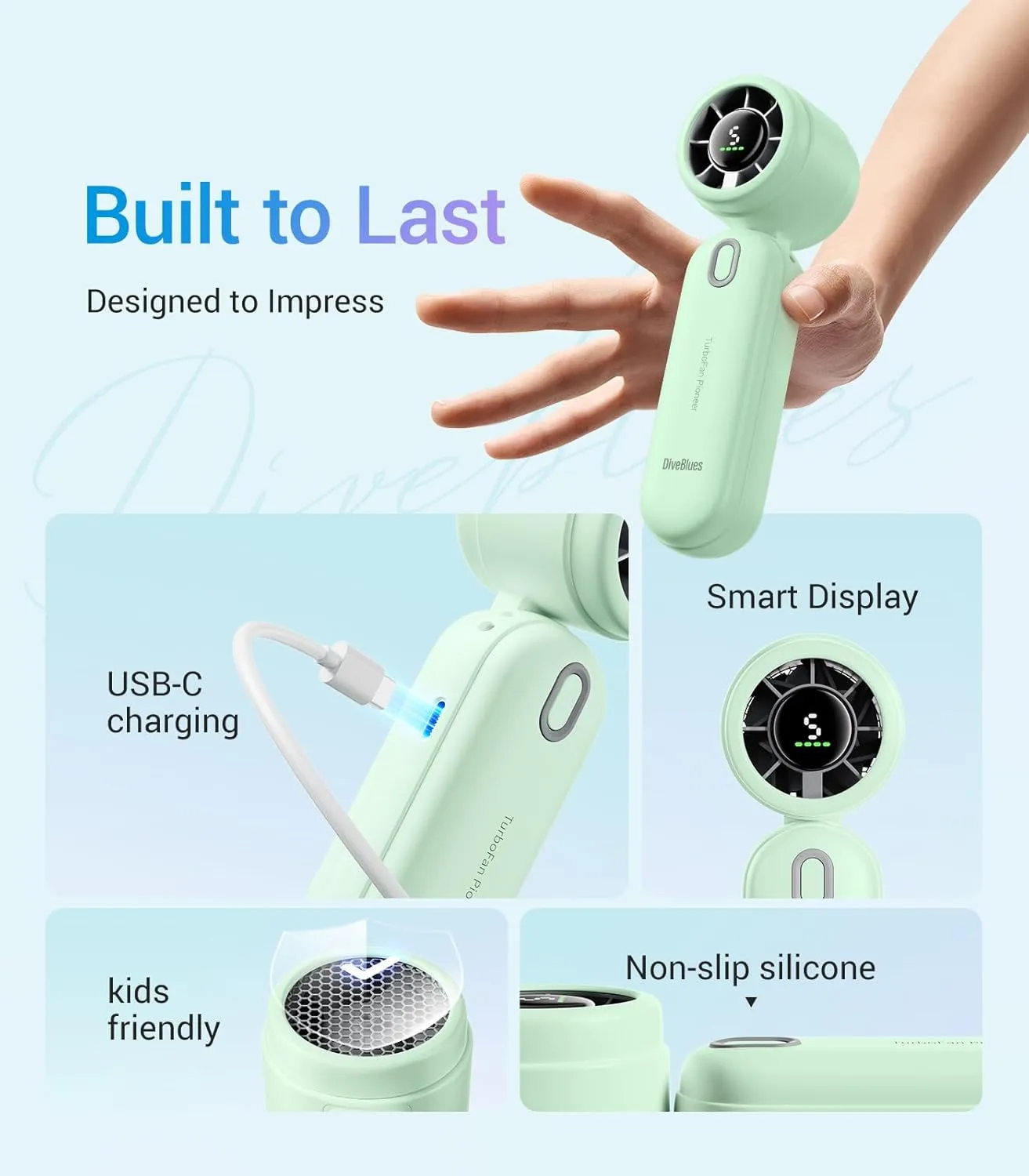 High-Speed Portable Handheld Turbo Fan, USB Rechargeable Battery Powered, Small Portable Pocket Fan for Travel, Outdoor, Home, Office, Concerts, Lash, Gift for Women(Green)