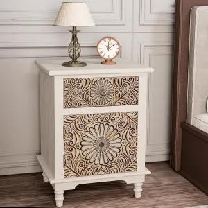 HOMPUS End Table w Flower Pattern, Night Stand w Storage, Small Nightstand w Wood Grain Finish, White Accent End Table Side Table, Small Cabinet for Living Room, Bedroom, Light Grey Grain