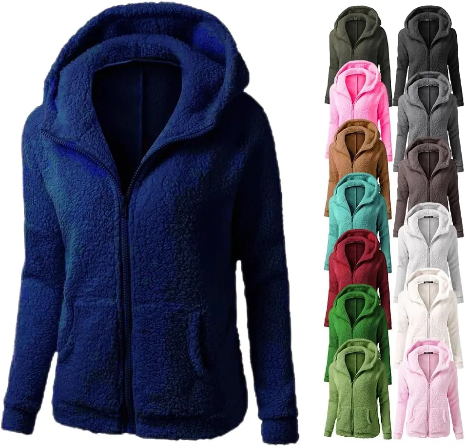 Hooded Coats for Women, Zipper Drawstring Short Style Outerwear, 2024 Autumn Winter Fuzzy Warm Jacket with Pockets