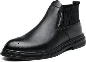HOOENG Chelsea Boots for Men Carved Brogue Burnished Toe Elastic Bandage Vegan Leather Anti-Slip Non Slip Waterproof Fashion