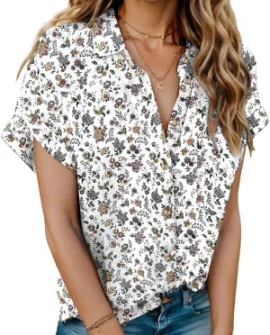 HOTOUCH Women Linen Shirts Button Down Cotton Short Sleeve Blouses V Neck Collared Button-up Gauze Tops S-3XL