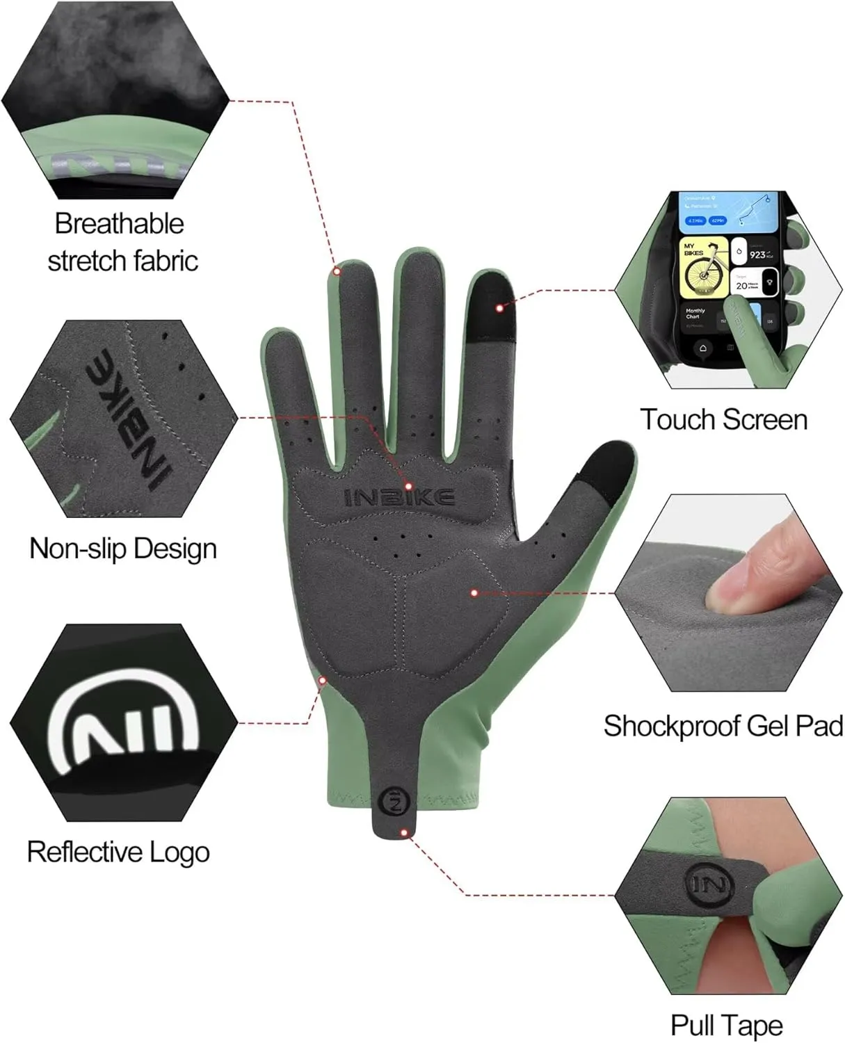 INBIKE Breathable Bike Gloves for Men Women, Full Finger Pad Cycling Gloves, Touchscreen Reflective Mountain Biking Bicycle