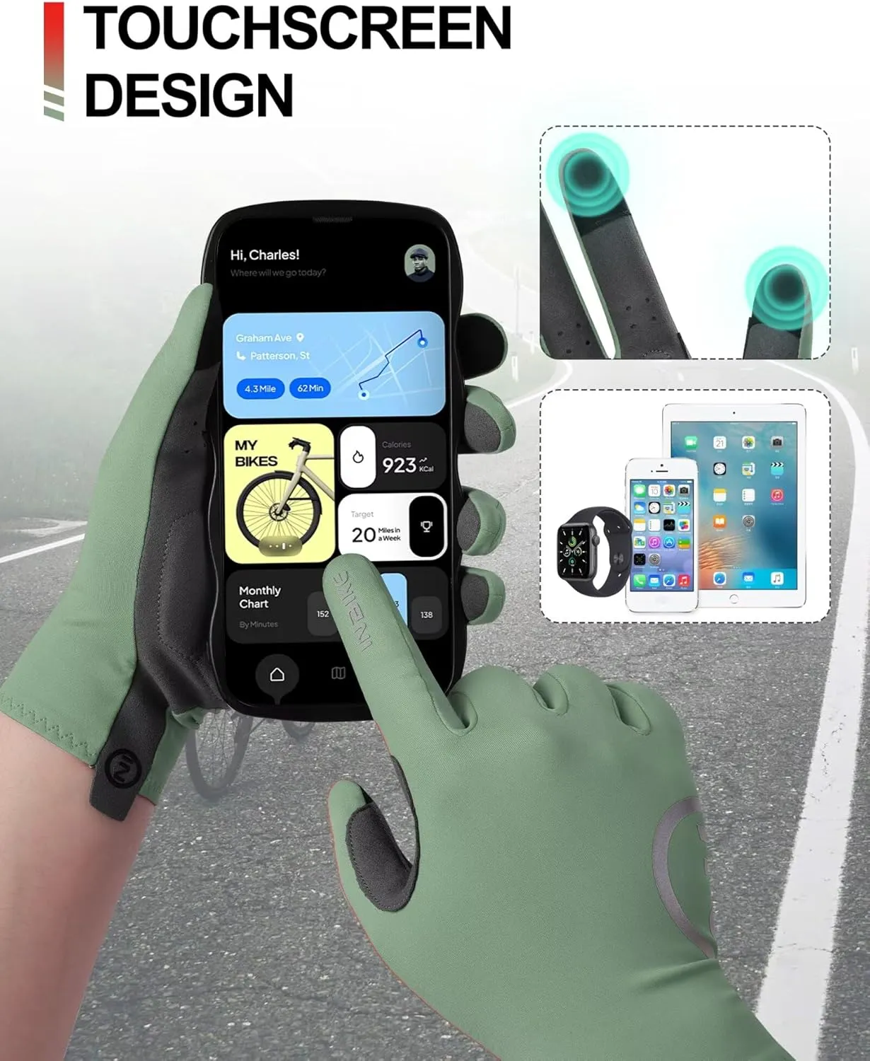 INBIKE Breathable Bike Gloves for Men Women, Full Finger Pad Cycling Gloves, Touchscreen Reflective Mountain Biking Bicycle