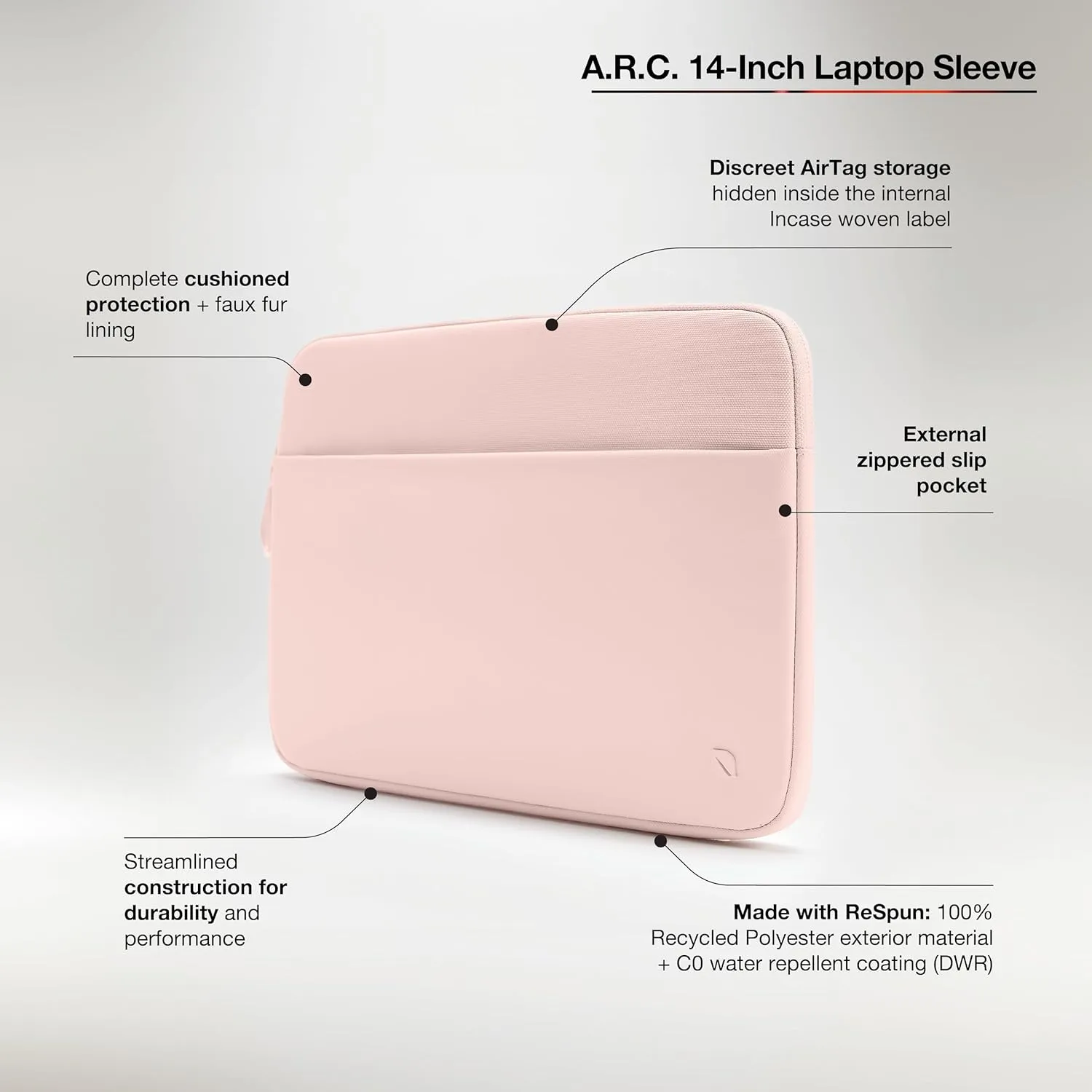 Incase A.R.C. Sleeve with ReSpun 100% Recycled Polyester - 13" & 14" MacBook/Laptop & iPad/Tablet Case - Cushioned Faux Fur Lining, External Zippered Slip Pocket - Peach