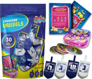 Izzy 'n' Dizzy Hanukkah Dreidels, Blue and White Wooden, Hand Painted, Game Instructions Included - Bulk (Pack of 30) - Medium