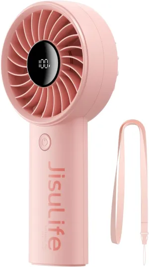 JISULIFE Handheld Portable Fan with Powerful Motor,LED Display,5000mAh Battery,5 Wind Speeds,Lanyard; Summer Essentials USB Rechargeable Hand held Fan for Travel,Beach,Makeup,Concerts-Pink