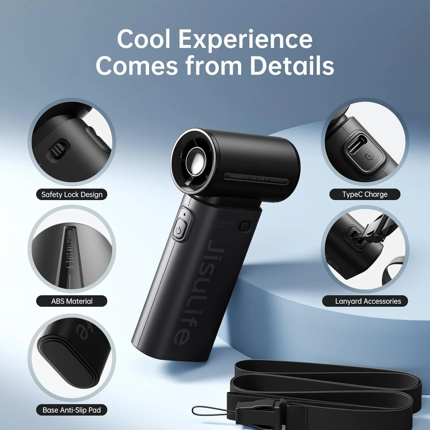 JISULIFE Portable Handheld Fan Life9, Turbo Power High Speed Air [18H Max Cooling Time], 5 Gear Wind, 5000mAh Rechargeable, Mini Pocket Design, Personal Fan for Travel Concerts Cruise Makeup - Black