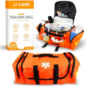 JJ CARE Trauma kit 250PCS First Responder Kit, EMT Bag with Padded Strap, Reflective Medical, Multiple Pockets, EMS First Aid Kit