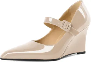 Joseywade Womens Mary Jane Heels Wedge Pumps Closed Toe High Heels Adjustable Ankle Strap Shoes