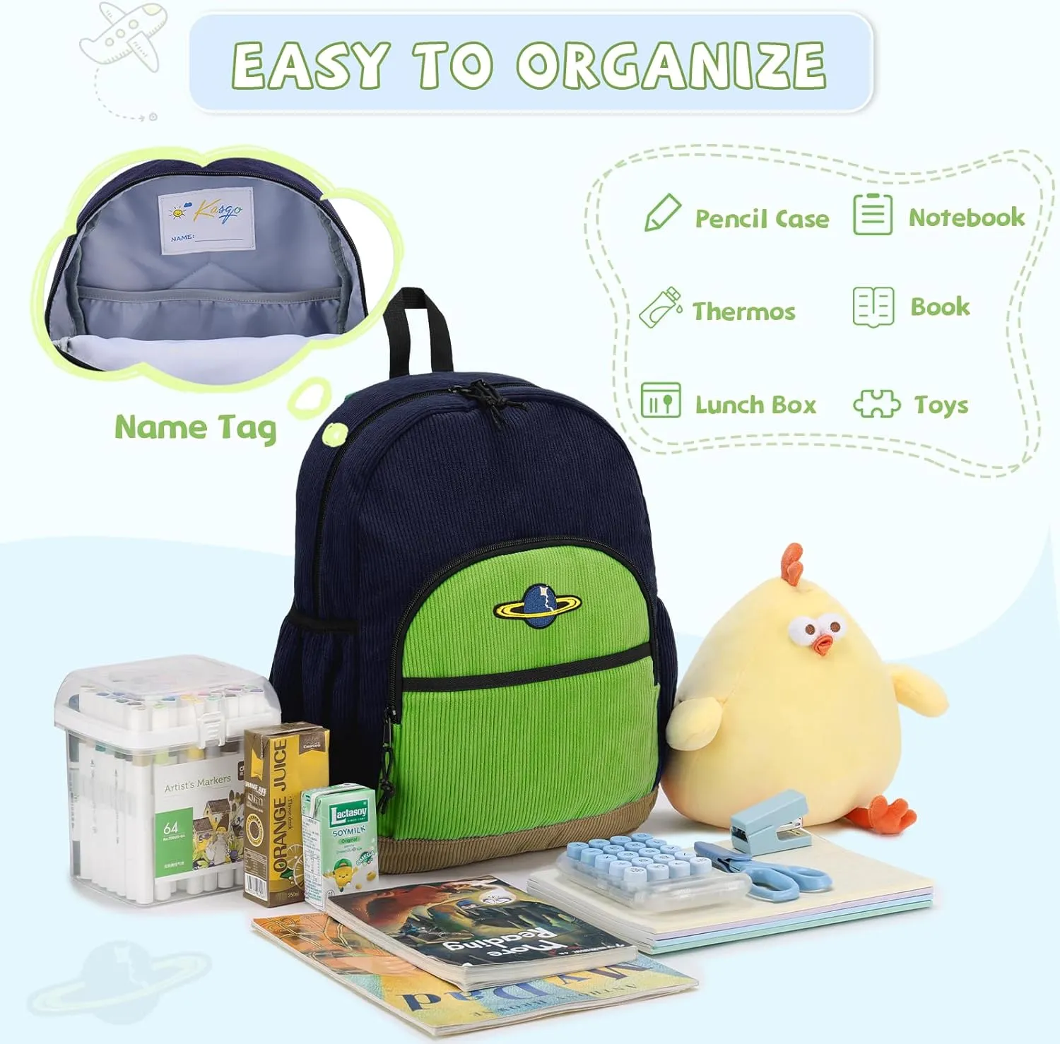 Kasqo Kids Backpack, Cute Toddler Backpack For Boys Kindergarten School Bag Primary Children's Bookbag Rucksack With Chest Buckle Blue Green