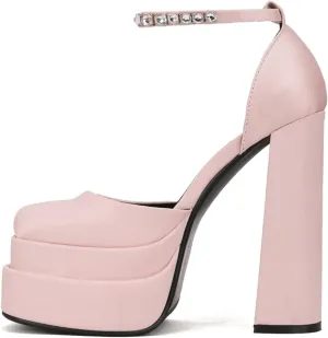 keleimusi Strappy Platform Pumps Lace-Up Square Toe Patent Leather High Blocked Chunky Sandals for Women