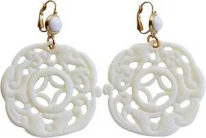 Kenneth Jay Lane Carved Round Oriental White Cream Drop Earrings 8860EWW