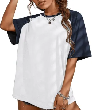 KIEKIECOO Oversized Short Sleeve Shirts for Women Loose Fit Basic Casual Crew Neck Tee Shirt Baggy Color Block Unisex Tops