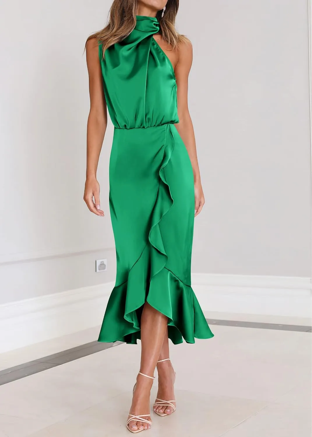 KIRUNDO Womens 2025 Summer Satin Mock Neck Wedding Guest Party Cocktail Midi Dress Sleeveless Wrap Ruffle Formal Dresses