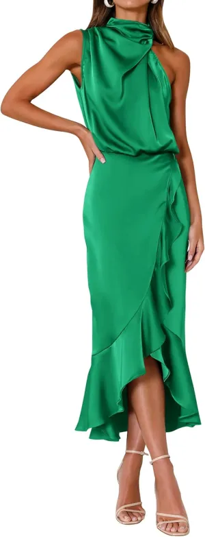KIRUNDO Womens 2025 Summer Satin Mock Neck Wedding Guest Party Cocktail Midi Dress Sleeveless Wrap Ruffle Formal Dresses