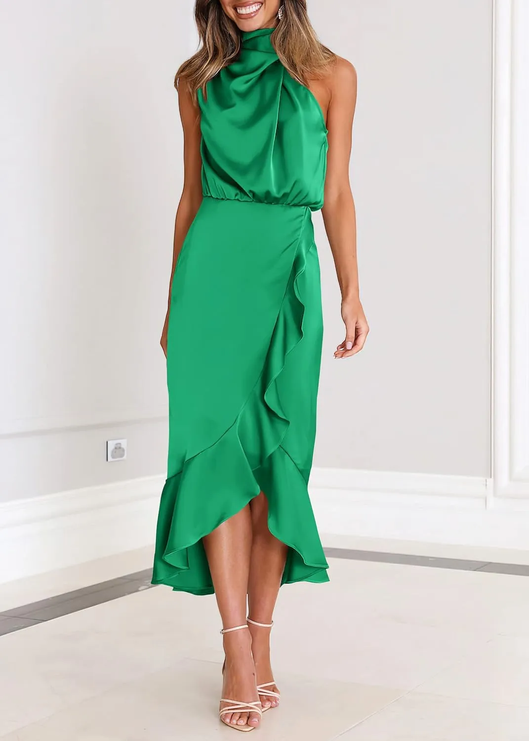 KIRUNDO Womens 2025 Summer Satin Mock Neck Wedding Guest Party Cocktail Midi Dress Sleeveless Wrap Ruffle Formal Dresses