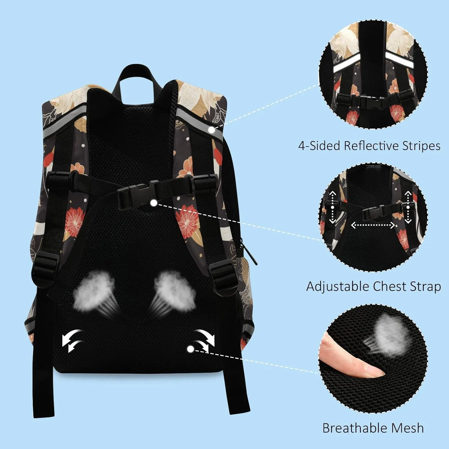 KLL Floral Motives and Cranes Cartoon Backpack for Kindergarten Waterproof Cute Bookbag with Reflective Strips Travel Back