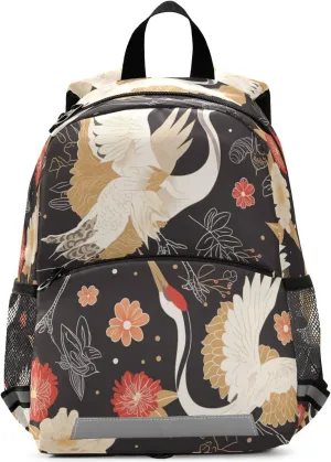 KLL Floral Motives and Cranes Cartoon Backpack for Kindergarten Waterproof Cute Bookbag with Reflective Strips Travel Back