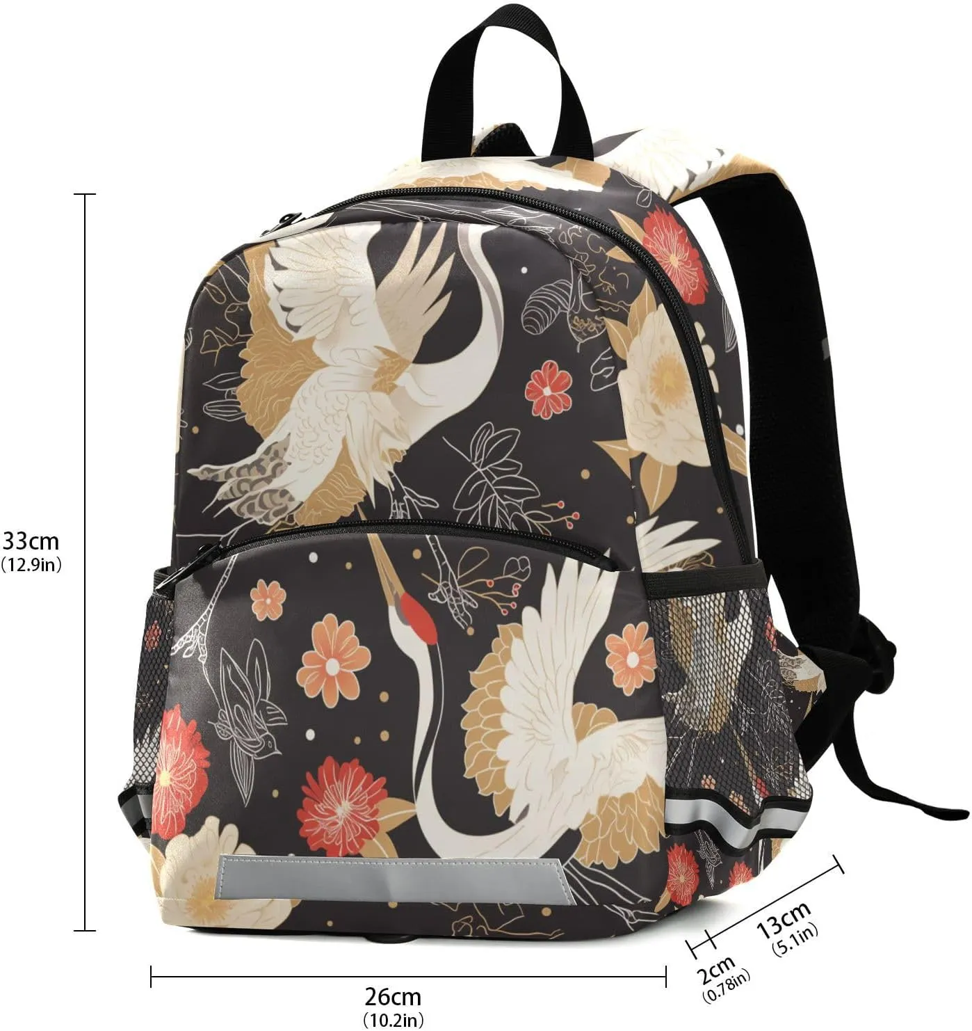 KLL Floral Motives and Cranes Cartoon Backpack for Kindergarten Waterproof Cute Bookbag with Reflective Strips Travel Back