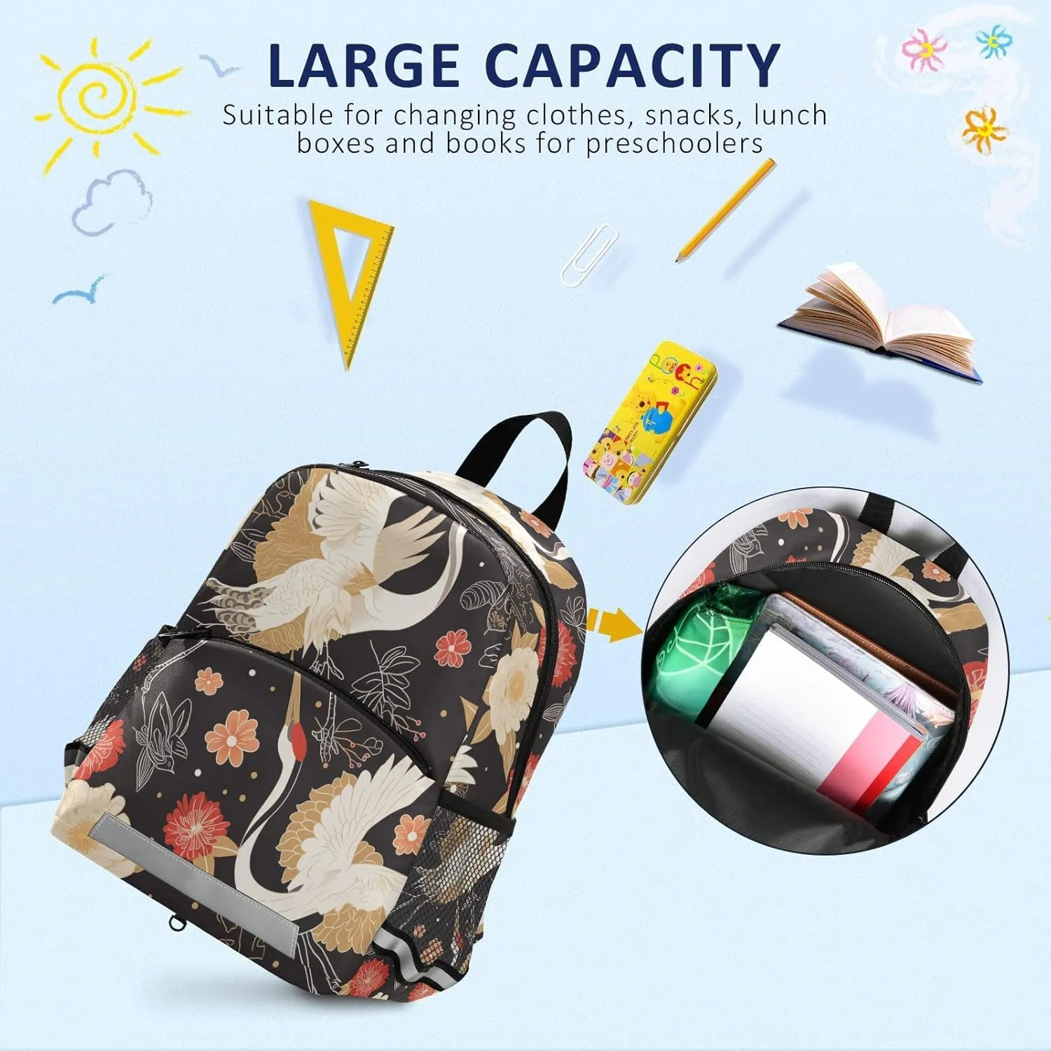 KLL Floral Motives and Cranes Cartoon Backpack for Kindergarten Waterproof Cute Bookbag with Reflective Strips Travel Back