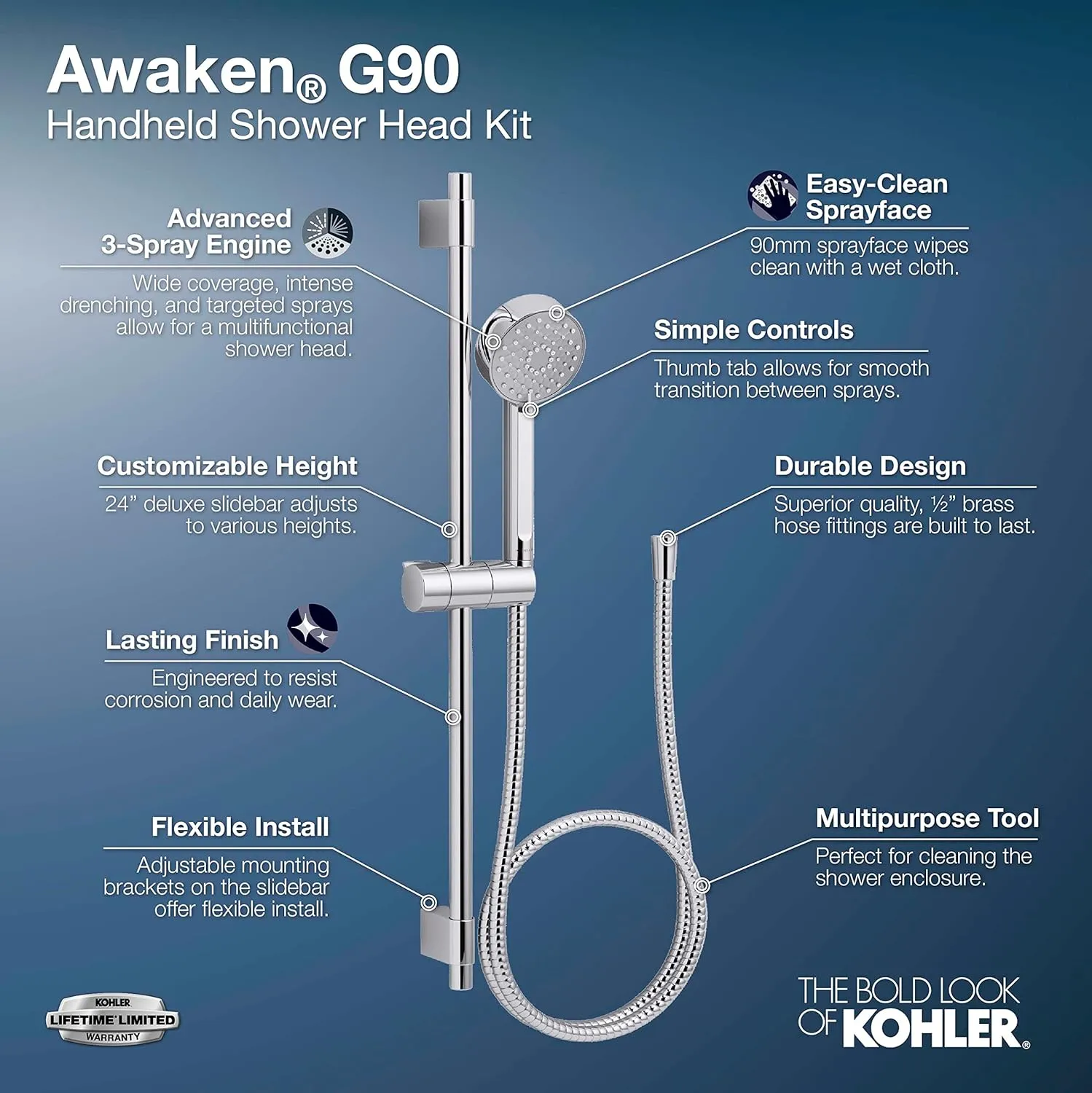 KOHLER 98361-G-BN Awaken G90 Multi-Function Handshower Kit, Handheld Shower Head with 24" Slidebar and 60" Hose, Vibrant Brushed Nickel