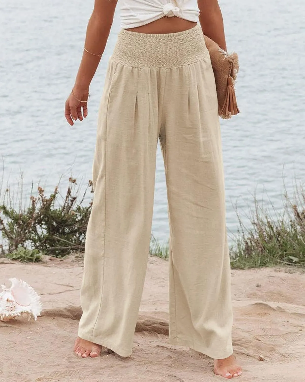 Kubbon Cotton Linen Pants for Women Wide Leg High Waist Pants Casual Stretchy Palazzo Trousers with Pockets Summer Clothes