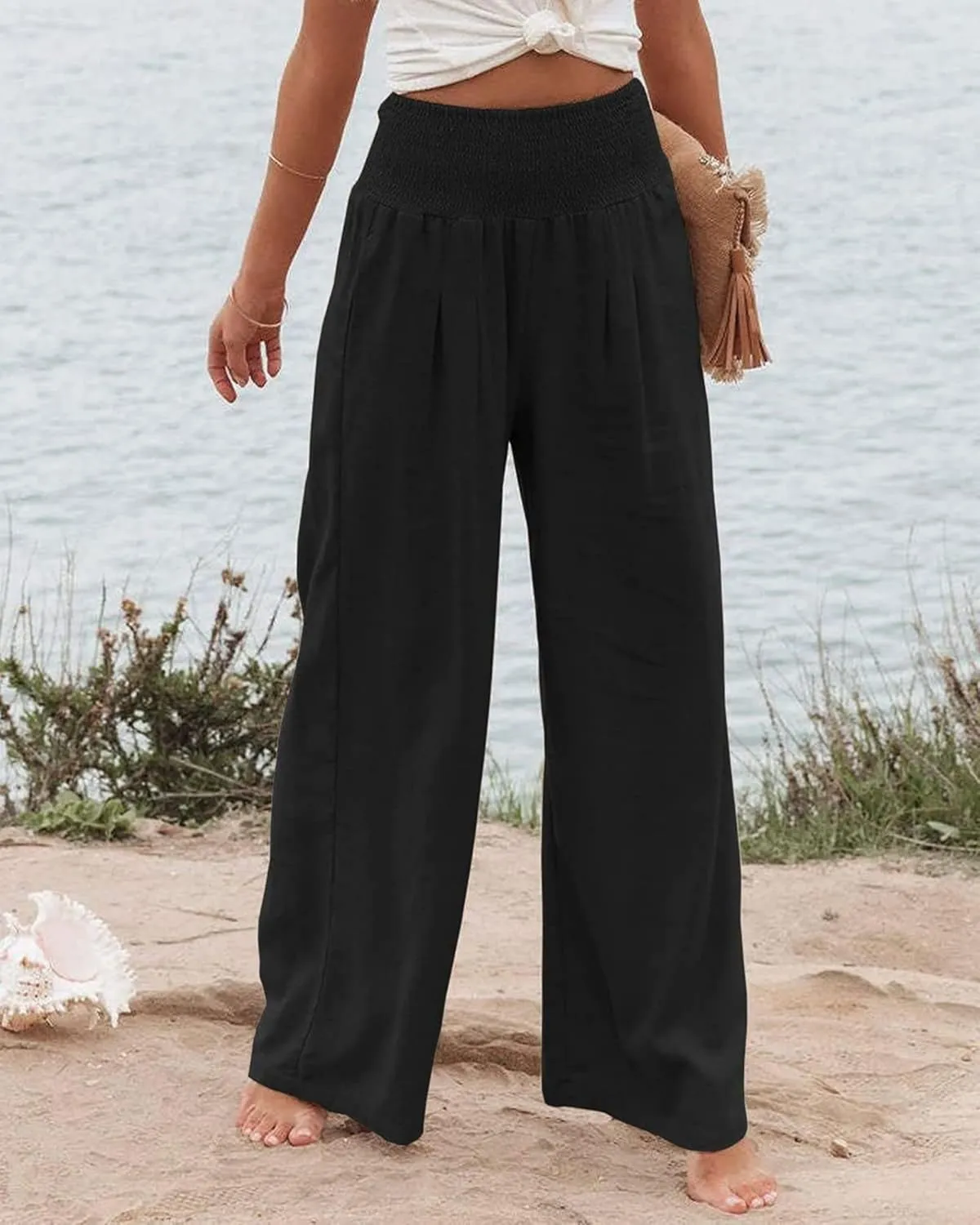 Kubbon Cotton Linen Pants for Women Wide Leg High Waist Pants Casual Stretchy Palazzo Trousers with Pockets Summer Clothes