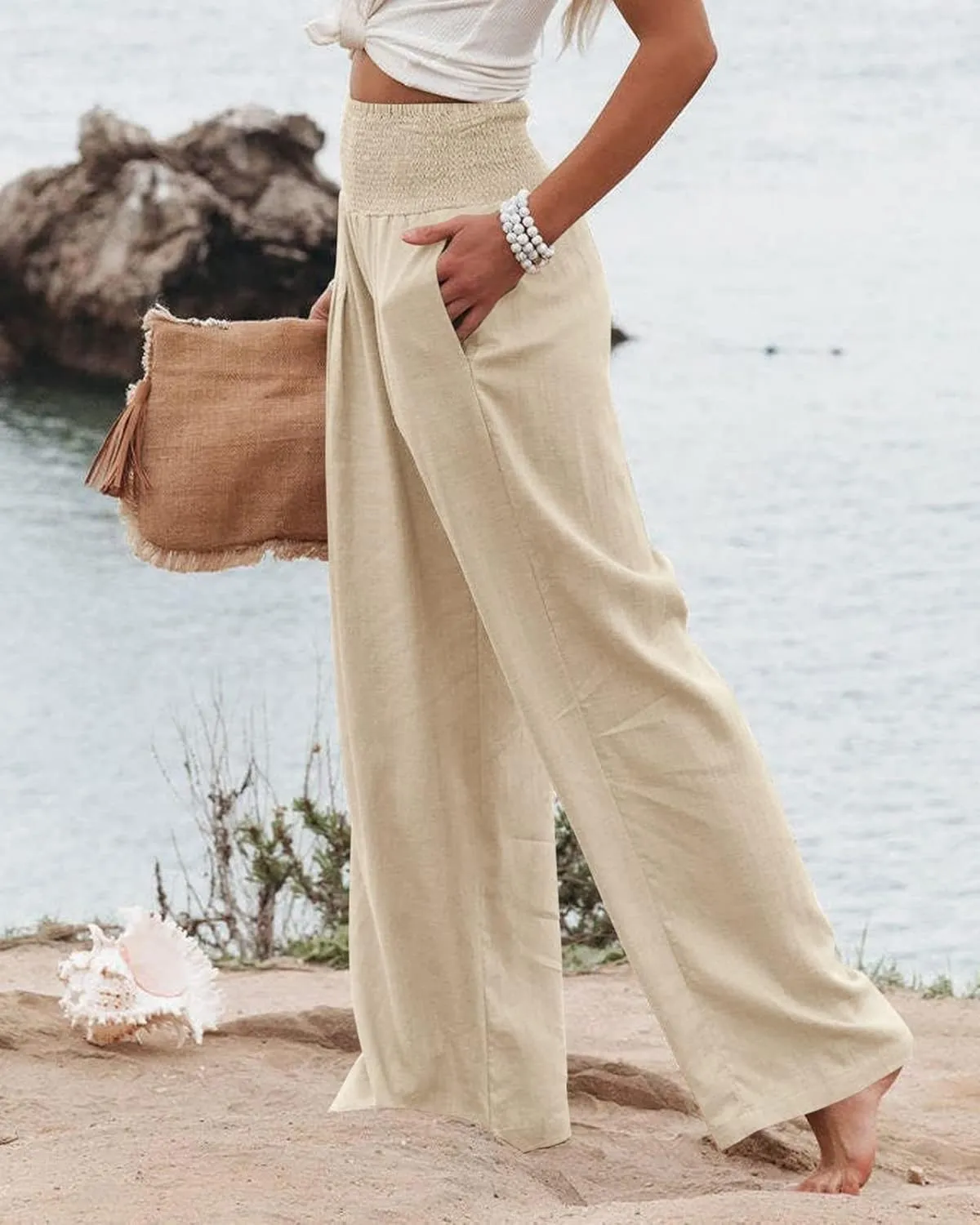 Kubbon Cotton Linen Pants for Women Wide Leg High Waist Pants Casual Stretchy Palazzo Trousers with Pockets Summer Clothes