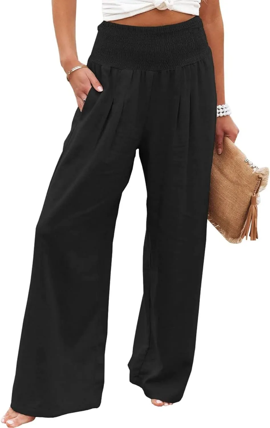 Kubbon Cotton Linen Pants for Women Wide Leg High Waist Pants Casual Stretchy Palazzo Trousers with Pockets Summer Clothes