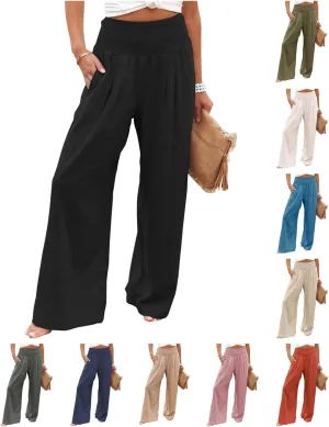 Kubbon Cotton Linen Pants for Women Wide Leg High Waist Pants Casual Stretchy Palazzo Trousers with Pockets Summer Clothes