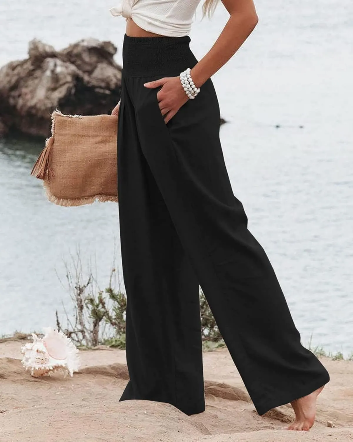 Kubbon Cotton Linen Pants for Women Wide Leg High Waist Pants Casual Stretchy Palazzo Trousers with Pockets Summer Clothes