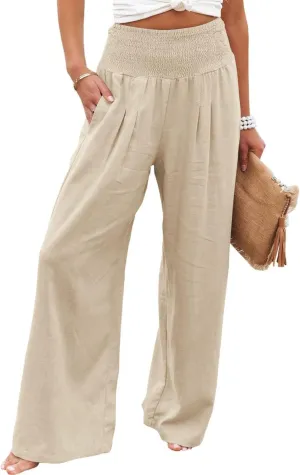 Kubbon Cotton Linen Pants for Women Wide Leg High Waist Pants Casual Stretchy Palazzo Trousers with Pockets Summer Clothes
