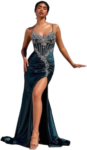 Ladivine CM383 Fitted Crystal & Satin Bodycon Dress - Peacock