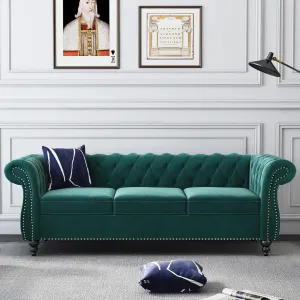 Large Sofa, Velvet Sofa Three-seat Sofa Classic Tufted Chesterfield Settee Sofas Modern 3 Seater Couch Furniture Tufted Back for Living Room (Green)