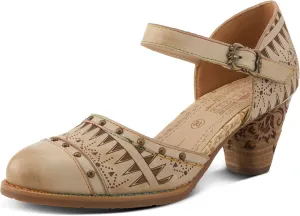 L'Artiste Women's NIOBELLA Hand-Painted Hook-and-Loop Mary Jane – Geometric Design, Decorative Buckle, Faux Stacked Heel