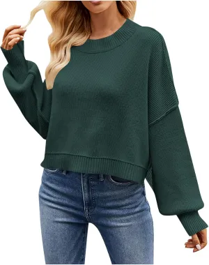 Lastesso Sweaters for Women Trendy Crop Long Sleeve Crew Neck Loose Sweater Clothes Loose Solid Knitted Preppy Outfits