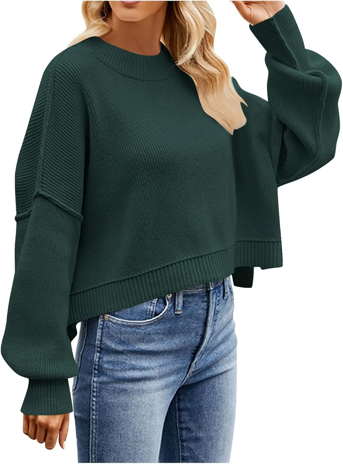 Lastesso Sweaters for Women Trendy Crop Long Sleeve Crew Neck Loose Sweater Clothes Loose Solid Knitted Preppy Outfits