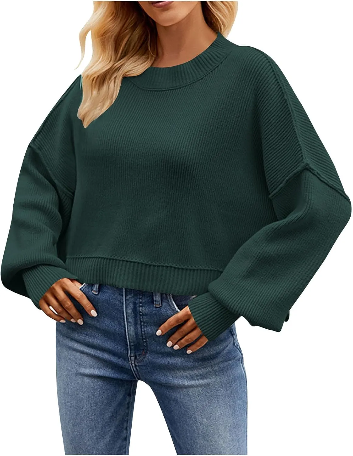 Lastesso Sweaters for Women Trendy Crop Long Sleeve Crew Neck Loose Sweater Clothes Loose Solid Knitted Preppy Outfits