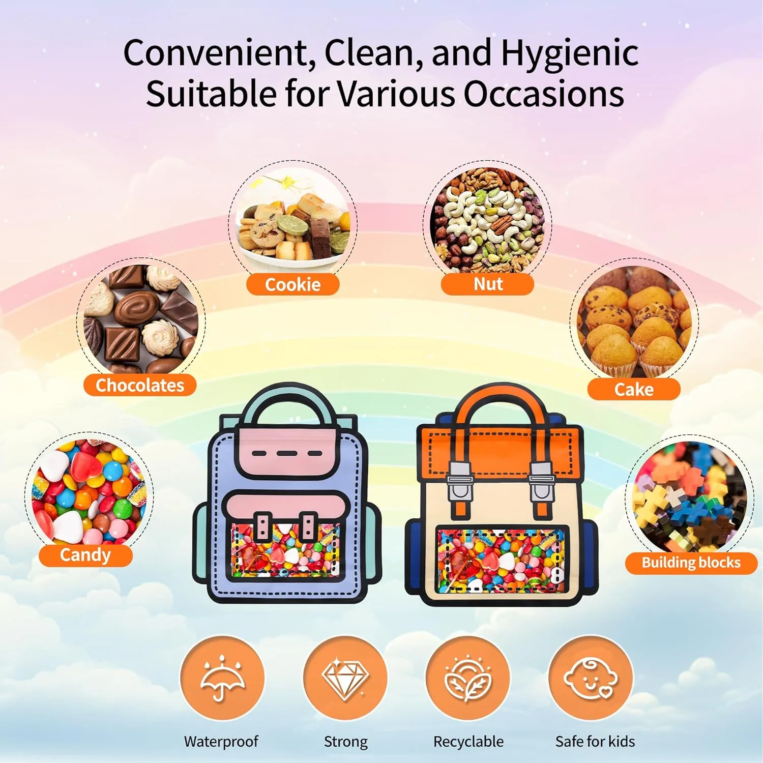 Lati Large Classroom Plastic Gift Bags with Handles,20PCS Cartoon Backpack Bag for Party, Wedding, Birthday, Bulk Goodie Bags for Candy, Party Favors, Snacks