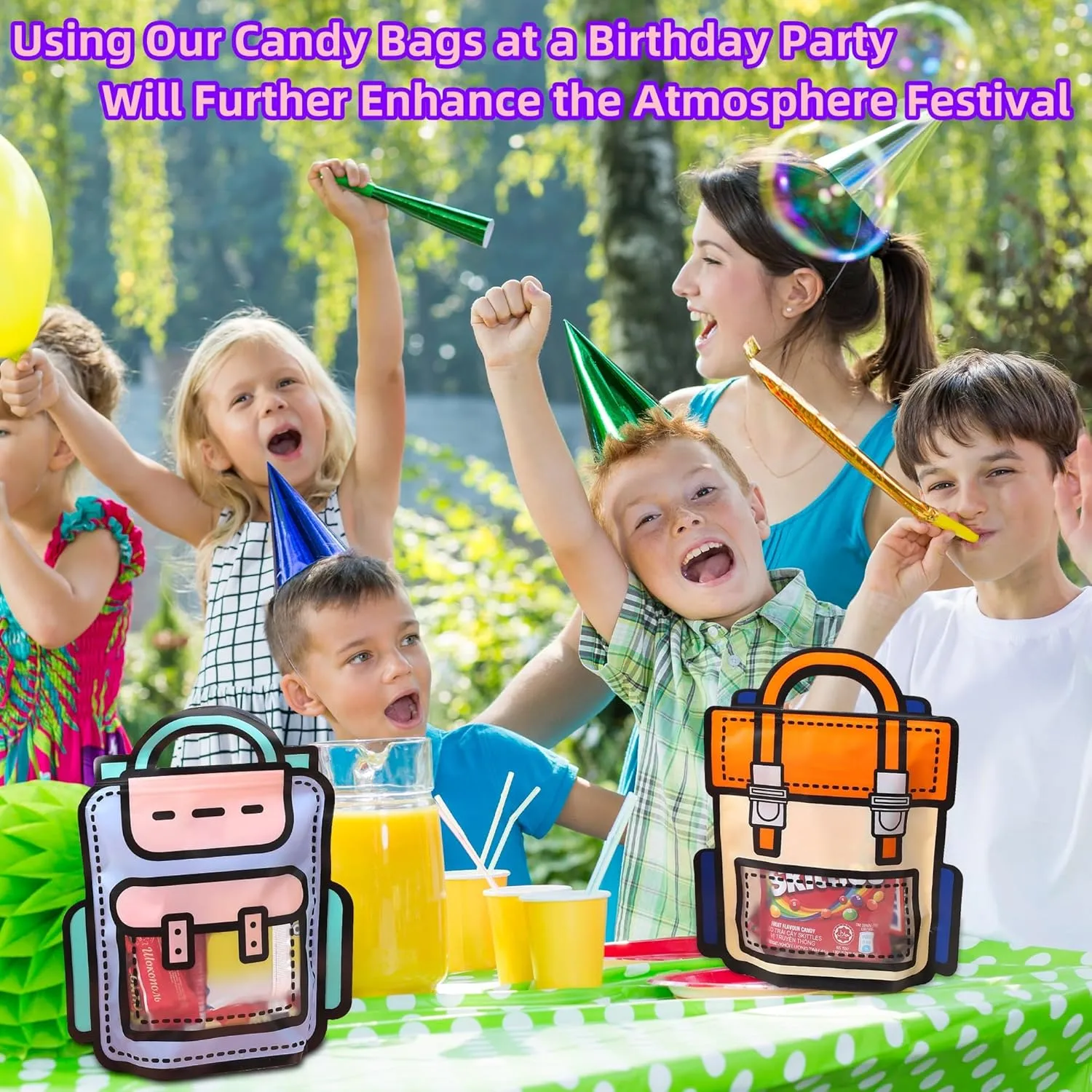 Lati Large Classroom Plastic Gift Bags with Handles,20PCS Cartoon Backpack Bag for Party, Wedding, Birthday, Bulk Goodie Bags for Candy, Party Favors, Snacks