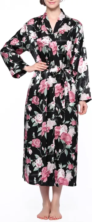 Lavenderi Women's Satin Kimono Robe - Long Classic Satin Lounge Bathrobe