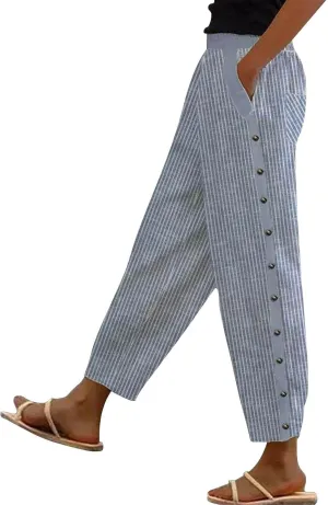 LCMTWX Petite Linen Pants Waist Pants Drawstring Capri Pants with Pockets Wide Leg Cropped Pants for Women Linen Pant