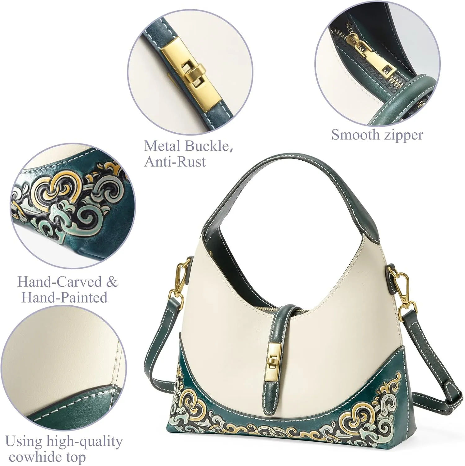 Leather Shoulder Bag for Women & Adjustable Crossbody with Hand-Carved Auspicious motifs