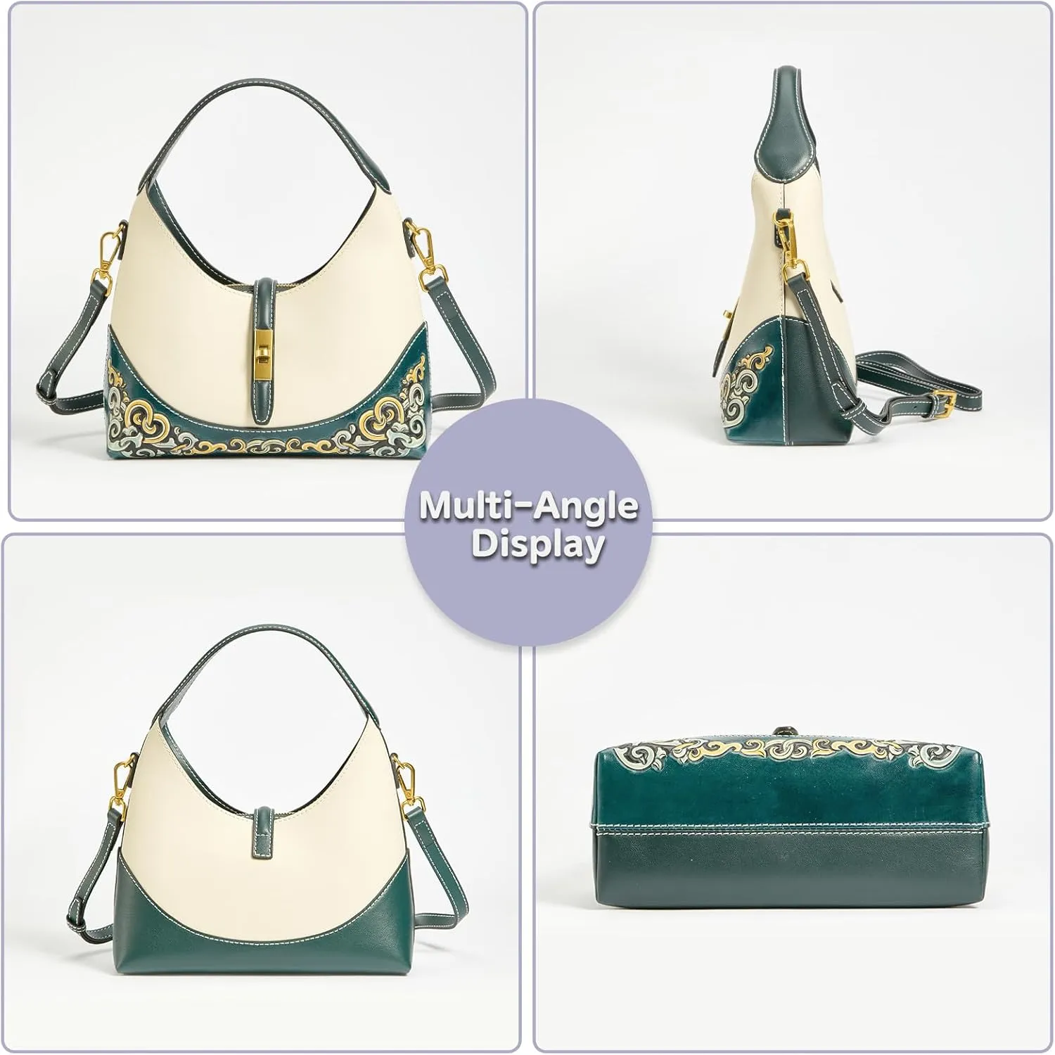 Leather Shoulder Bag for Women & Adjustable Crossbody with Hand-Carved Auspicious motifs