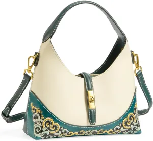 Leather Shoulder Bag for Women & Adjustable Crossbody with Hand-Carved Auspicious motifs