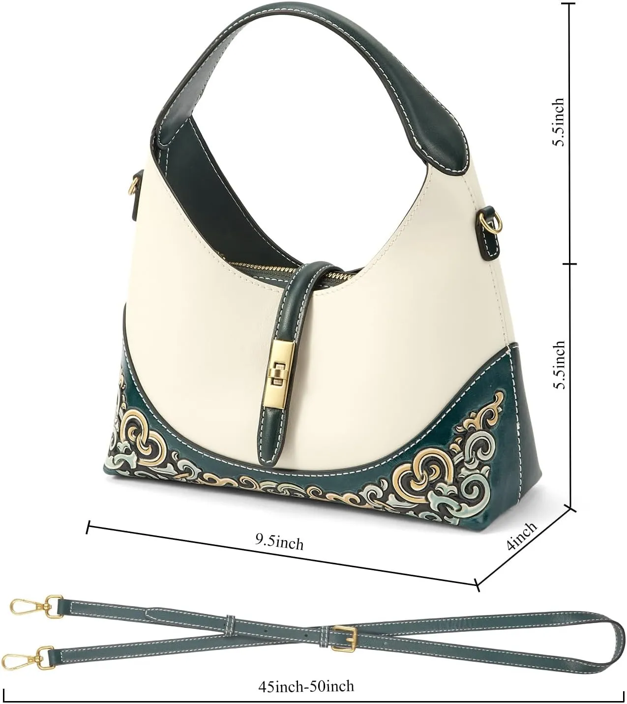 Leather Shoulder Bag for Women & Adjustable Crossbody with Hand-Carved Auspicious motifs
