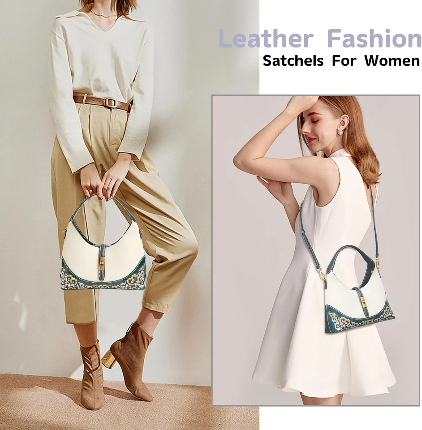 Leather Shoulder Bag for Women & Adjustable Crossbody with Hand-Carved Auspicious motifs