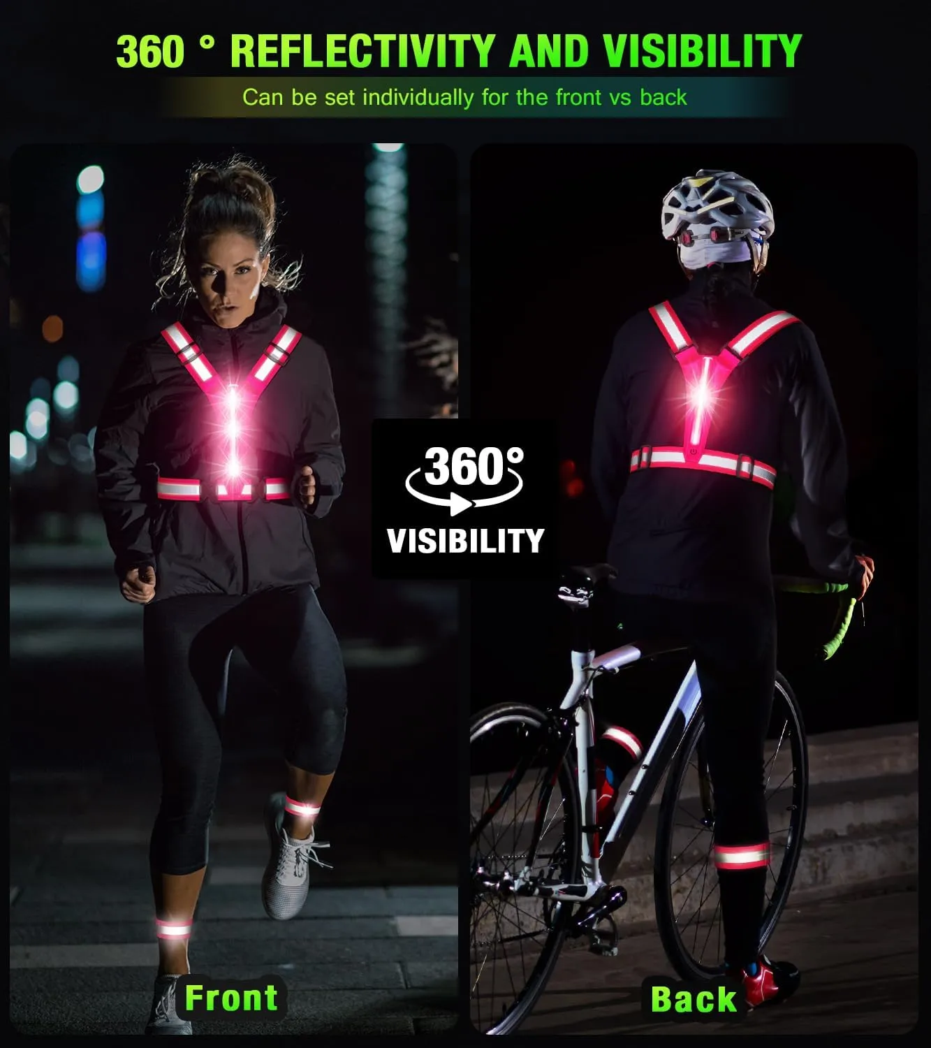 Led Light Up Running Vest Reflective Vest for Runners Night Walking, Rechargeable LED Reflective Running Vest High Visibility with Adjustable Waist/Shoulde, Reflective Armband for Women Men