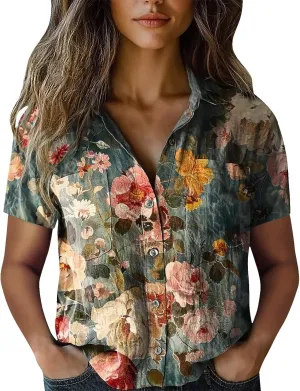 Linen Boho Tops for Women Hippie 2025 Summer Short Sleeve Button Up Shirts Vintage Floral Printed Loose Blouses