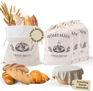 Linen Bread Bags for Homemade Bread – 3 Pack with Bonus Linen Tea Towel for Proofing | Reusable, Eco-Friendly Sourdough Bags with Moisture-Locking Lining | Perfect for Sourdough, Baguettes & More